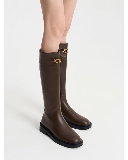 Charles & Keith Brown Metallic Chain Accent Knee-high Boots