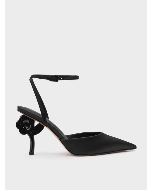 Charles & Keith White Pointed Flower-Heel Ankle-Strap Pumps
