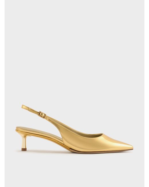 Charles & Keith Natural Curtis Metallic Pointed-Toe Kitten-Heel Slingback Pumps