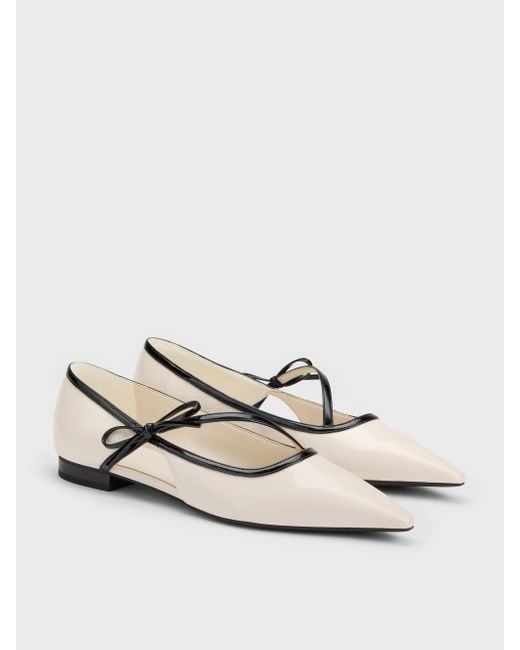 Charles & Keith White Patent Contrast-trim Pointed-toe Bow-strap Flats