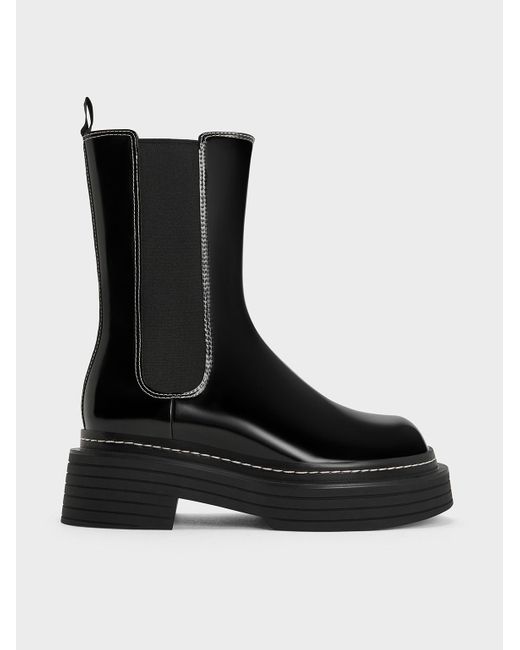 Charles & Keith Black Stitch-Trim Platform Chelsea Boots
