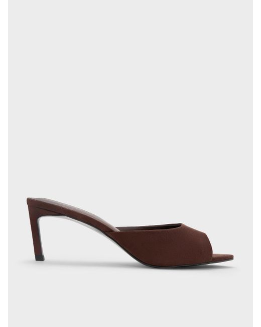 Charles & Keith Brown Faux Suede Pointed Peep-Toe Heeled Mules