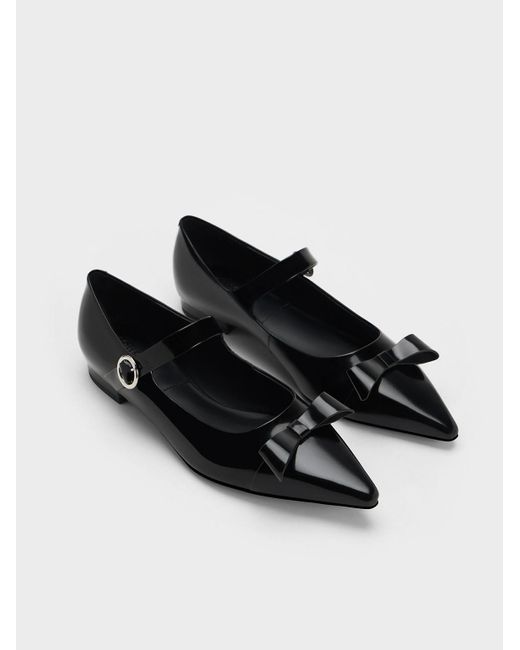 Charles & Keith Black Leather Bow Mary Jane Flats