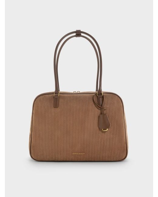 Charles & Keith Brown Large Sianna Corduroy Bowling Bag