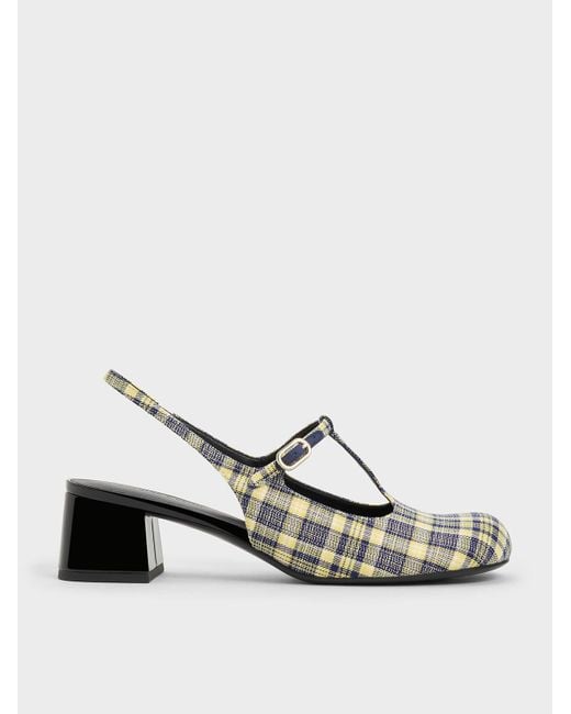 Charles & Keith White Checkered T-bar Slingback Mary Jane Pumps