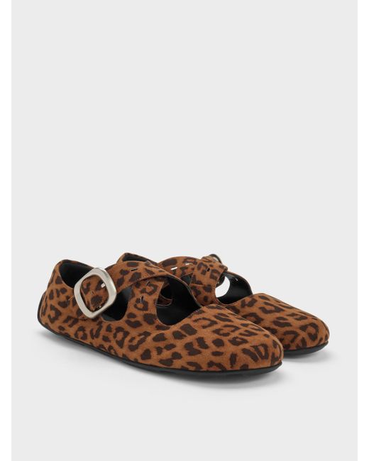 Charles & Keith Brown Faux Suede Leopard-Print Crossover-Strap Mary Janes