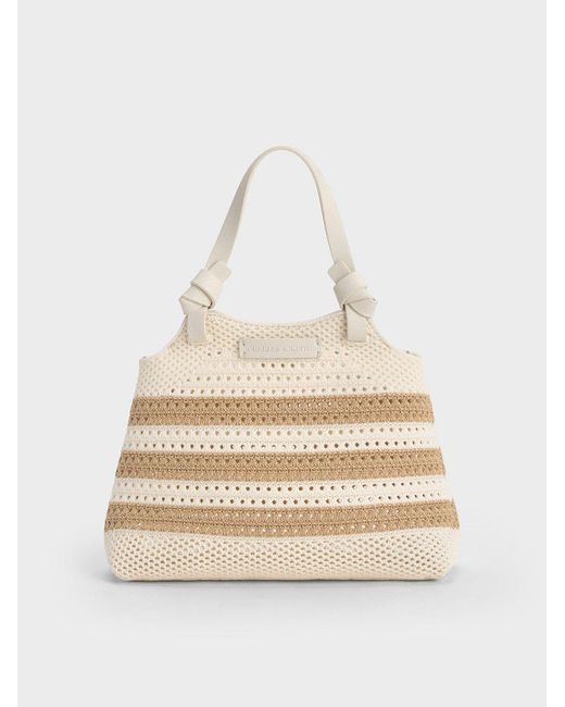 Charles & Keith Natural Ida Striped Knotted Handle Tote Bag