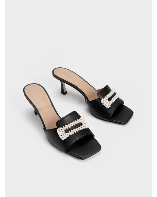 Charles & Keith Black Beaded Leather Square-toe Mules