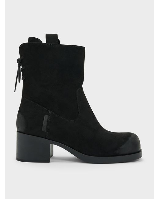 Charles & Keith Black Rosamond Faux Suede Back-Lace Calf Boots
