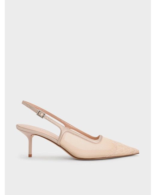 Charles & Keith Natural Mesh & Lace Pointed-Toe Slingback Pumps