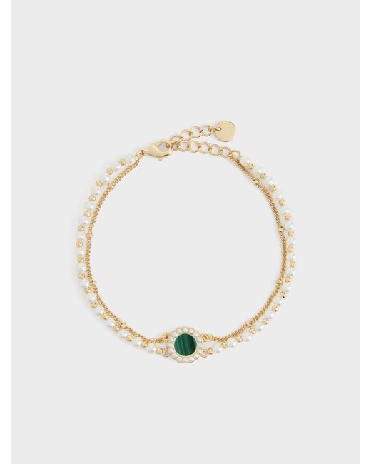 Charles & Keith Metallic Pearl & Gemstone Double-Chain Bracelet
