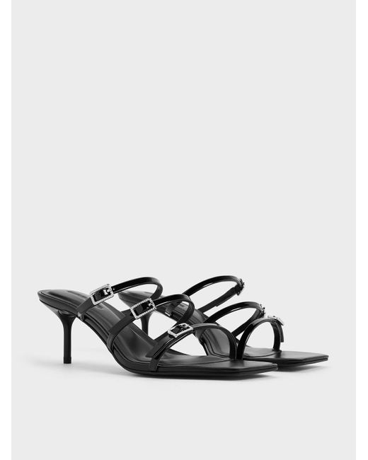 Charles & Keith White Patent Crystal-buckle Heeled Mules