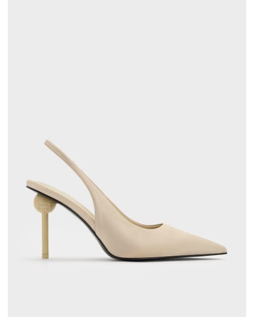 Charles & Keith White Satin Crystal-Embellished Ball-Heel Pointed-Toe Slingback Pumps