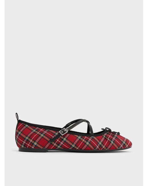 Charles & Keith Red Tartan-print Crossover-strap Mary Jane Flats