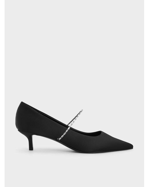 Charles & Keith Black Satin Embellished-Strap Pointed-Toe Pumps