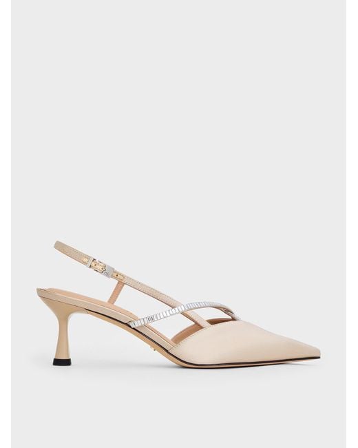 Charles & Keith Natural Recycled Polyester Crystal-Embellished Slingback Pumps