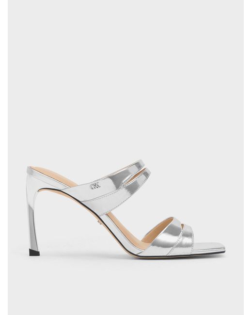 Charles & Keith White Metallic Leather Double-strap Heeled Mules
