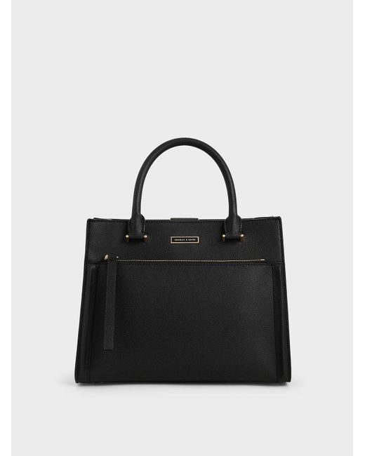 Charles & Keith Black Double Handle Front Zip Tote