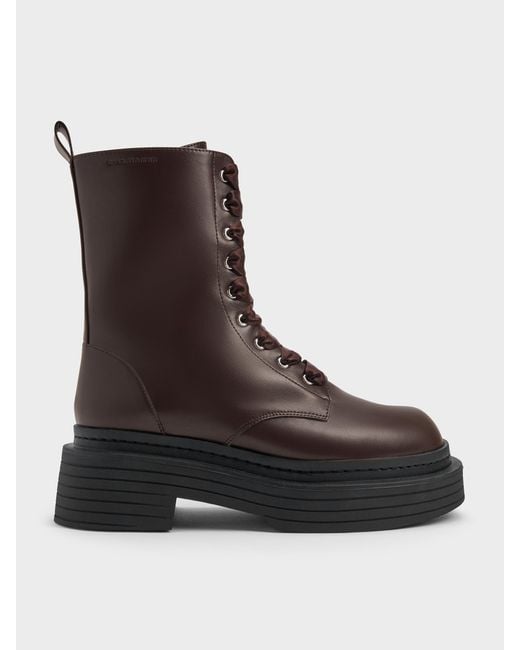 Charles & Keith Black Satin-Lace Platform Combat Boots