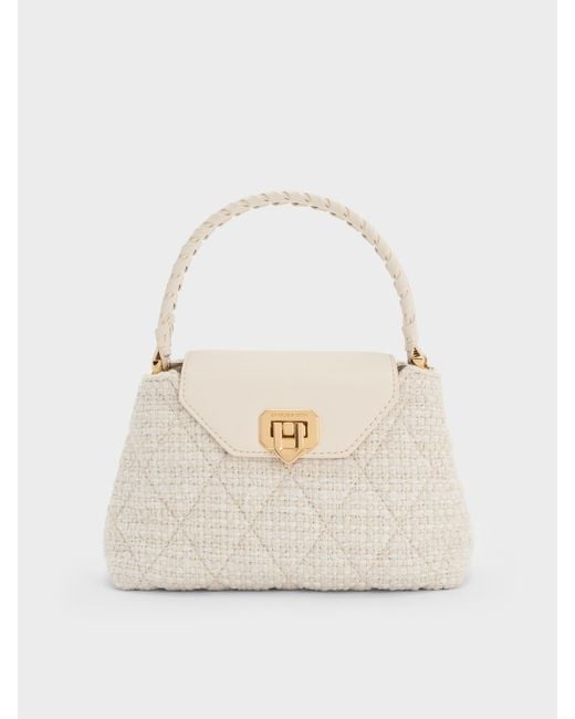 Charles & Keith Natural Arwen Tweed Quilted Top Handle Bag