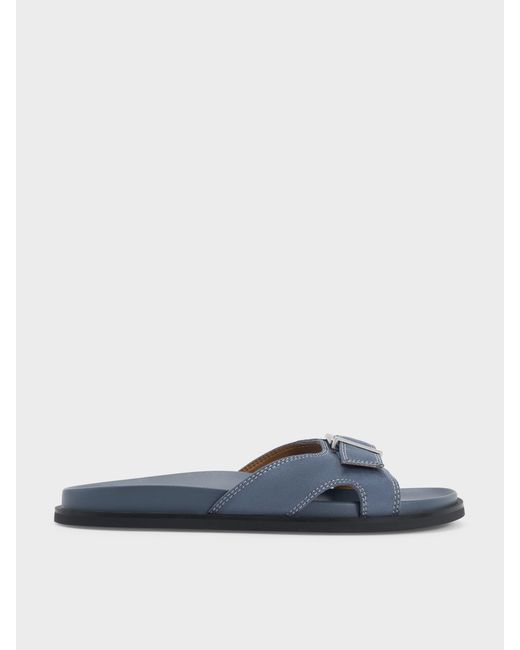 Charles & Keith Blue Faux Suede Stitch-Trim Buckled Slides