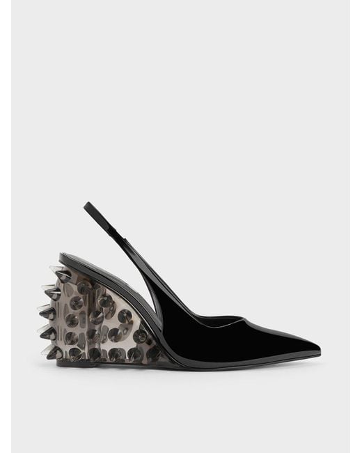 Charles & Keith White Patent Spike-heel Slingback Wedges