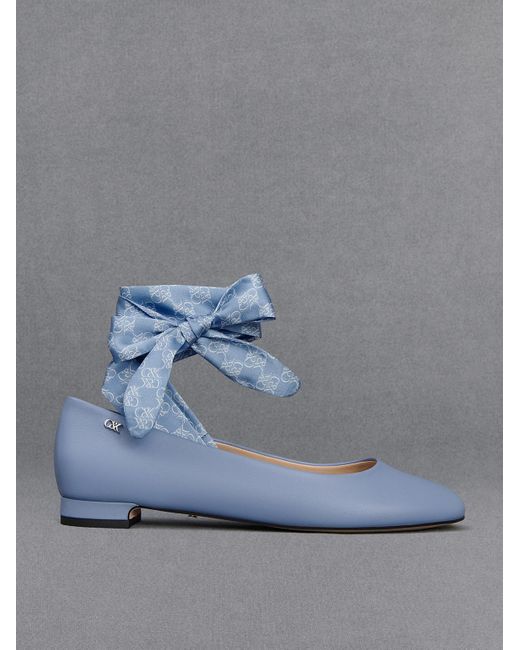 Charles & Keith Blue Leather Monogram Tie-around Ballet Flats