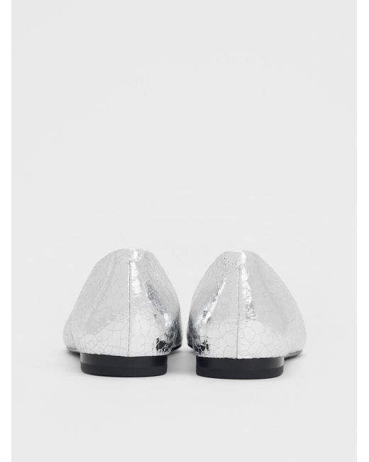Charles & Keith White Metallic Crinkle-Effect Asymmetrical Square-Toe Ballet Flats
