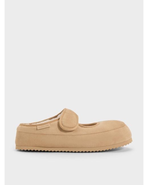 Charles & Keith Natural Lumi Faux Suede & Faux Shearling Mules
