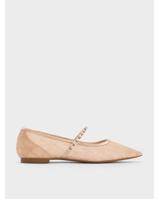 Charles & Keith Natural Lace & Satin Crystal Mary Jane Flats