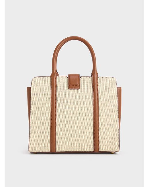 Charles & Keith Natural Cesia Canvas Metallic Accent Tote Bag