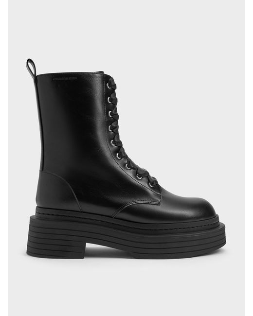 Charles & Keith Black Satin-Lace Platform Combat Boots