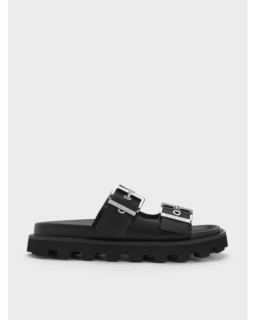 Charles & Keith Black Trill Grommet Double-strap Sandals
