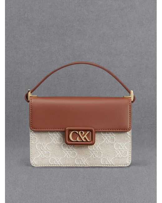 Charles & Keith Gray Leather & Canvas Two-tone Boxy Bag