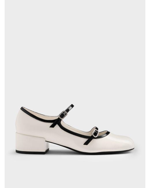 Charles & Keith Natural Patent Contrast-Trim Double-Strap Mary Jane Pumps