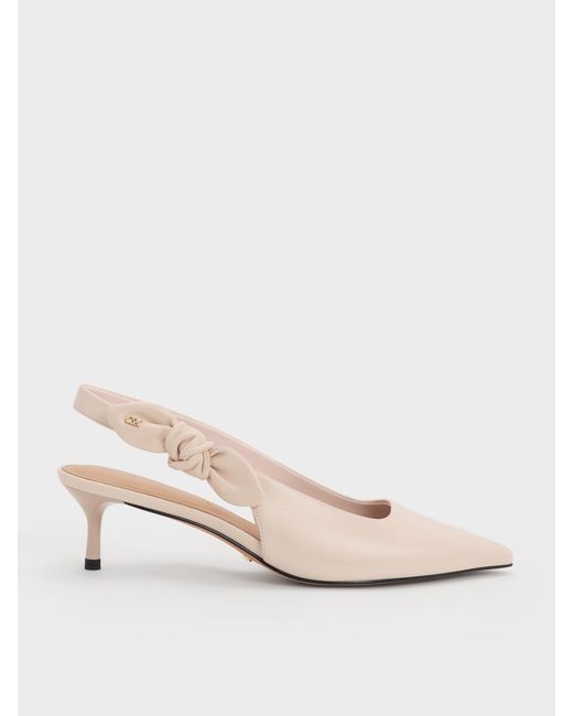 Charles & Keith Natural Jayce Leather Slingback Kitten Heels