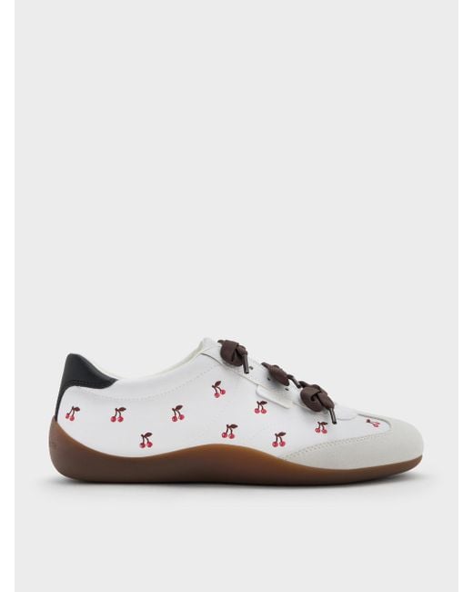 Charles & Keith White Cherry-Print Contrast-Panel Triple-Bow Sneakers