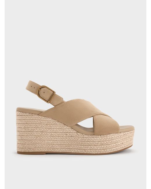 Charles & Keith Natural Faux Suede Crossover Espadrille Wedges
