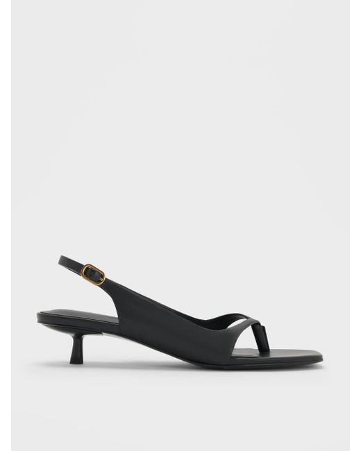 Charles & Keith Black Rayne Square-Toe Kitten-Heel Thong Slingback Sandals
