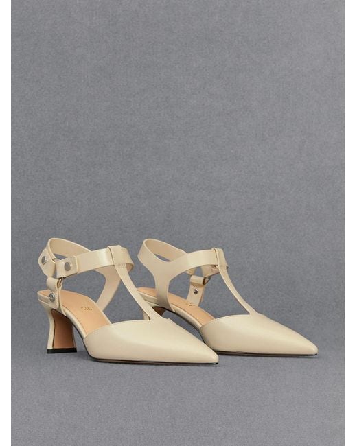 Charles & Keith Gray Leather Buckled T-bar Pumps