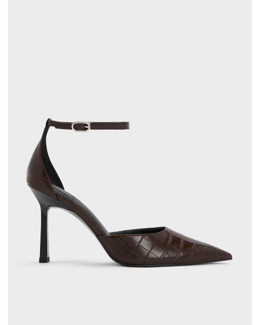 Charles & Keith White Croc-Effect Pointed-Toe Ankle-Strap D'Orsay Pumps