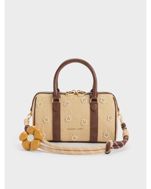 Charles & Keith Natural Philomena Raffia Flower Bowling Bag