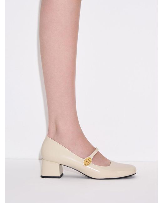 Charles & Keith Natural Hettie Patent Metallic-buckle Block-heel Mary Janes