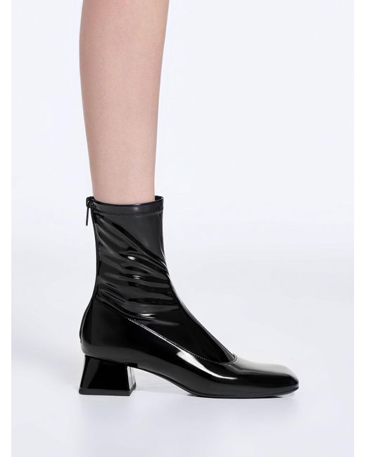Charles & Keith Black Patent Trapeze Block Heel Ankle Boots