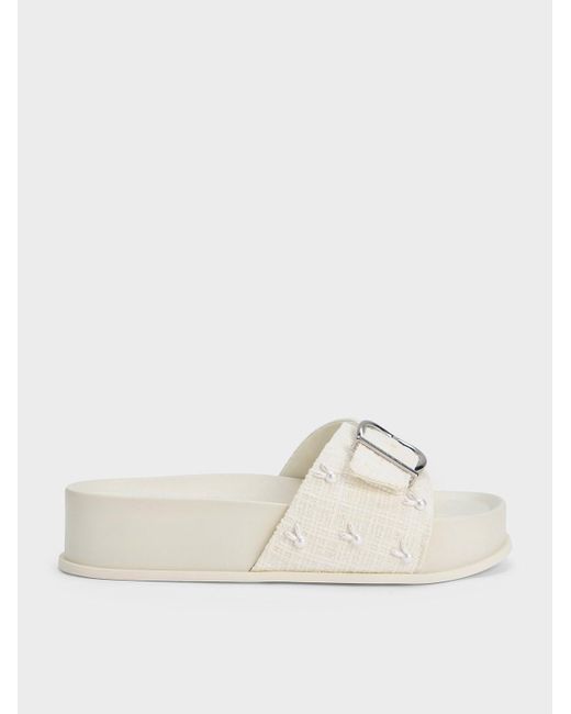 Charles & Keith Bunny Tweed Buckled Slides in Natural | Lyst