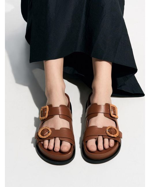 Charles & Keith Brown Woven-buckle Double-strap Sandals