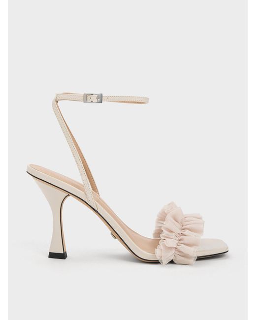 Charles & Keith White Patent Leather Ruffled Mesh Heeled Sandals