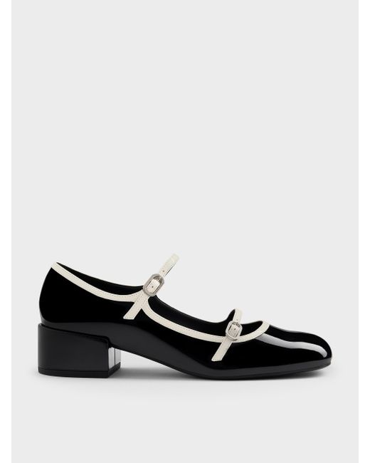 Charles & Keith Black Patent Contrast-Trim Double-Strap Mary Jane Pumps