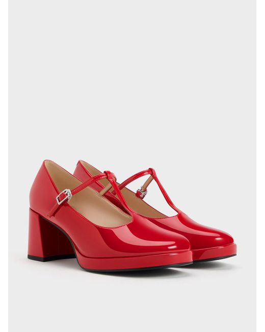 Charles & Keith Red Crystal-buckle T-bar Mary Jane Pumps