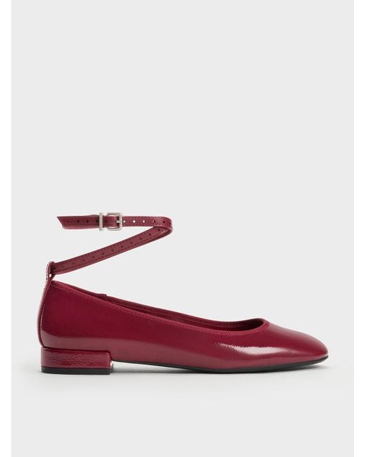 Charles & Keith Red Patent Ankle-strap Ballet Flats